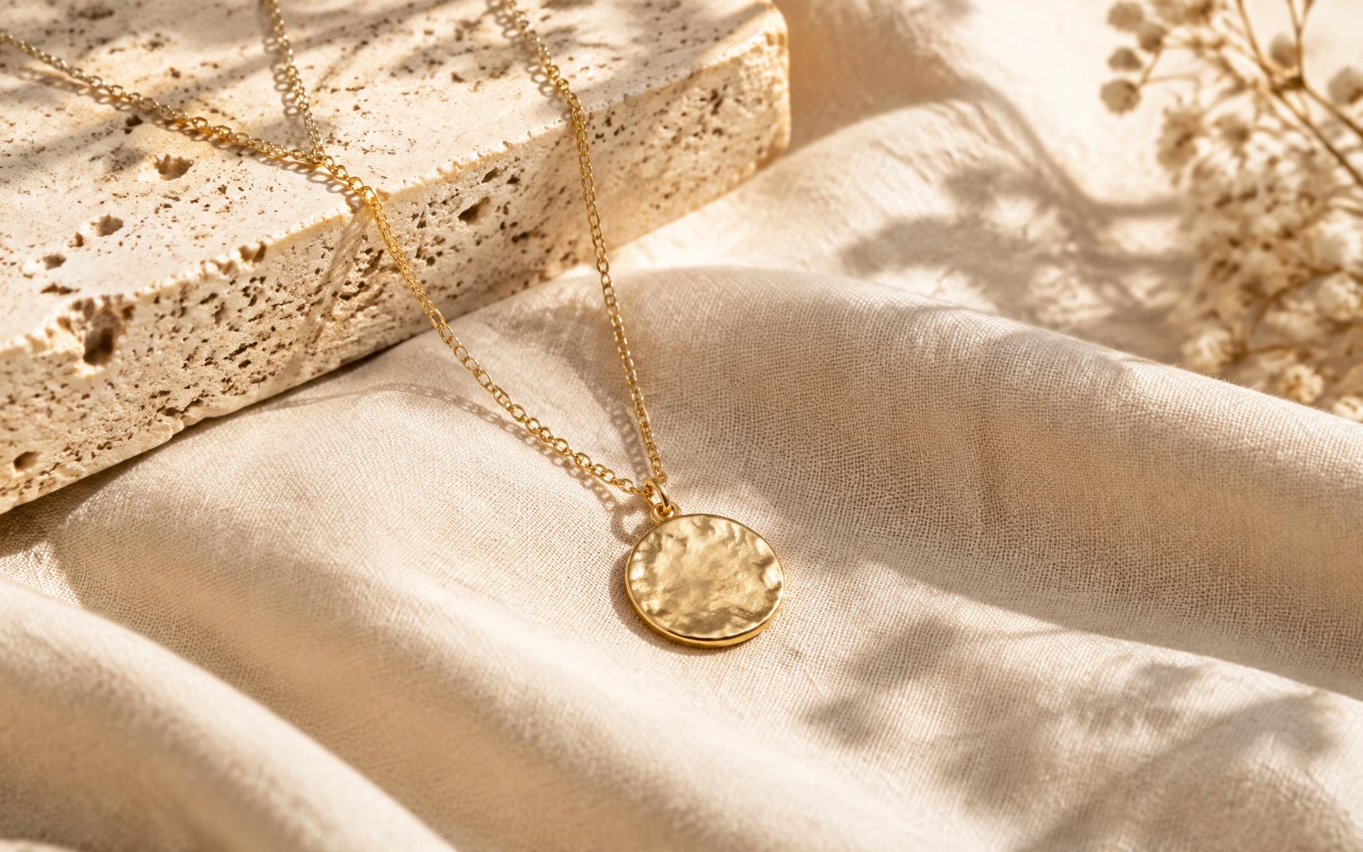 Collana in oro su lino beige, luce del mattino