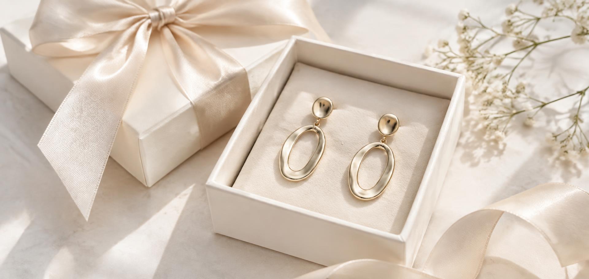 Confezione regalo con nastro di seta e orecchini in oro